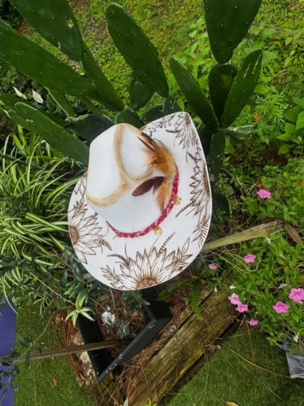 Hand‑Burned Floral Western Cowboy Hat with Red Braided Band